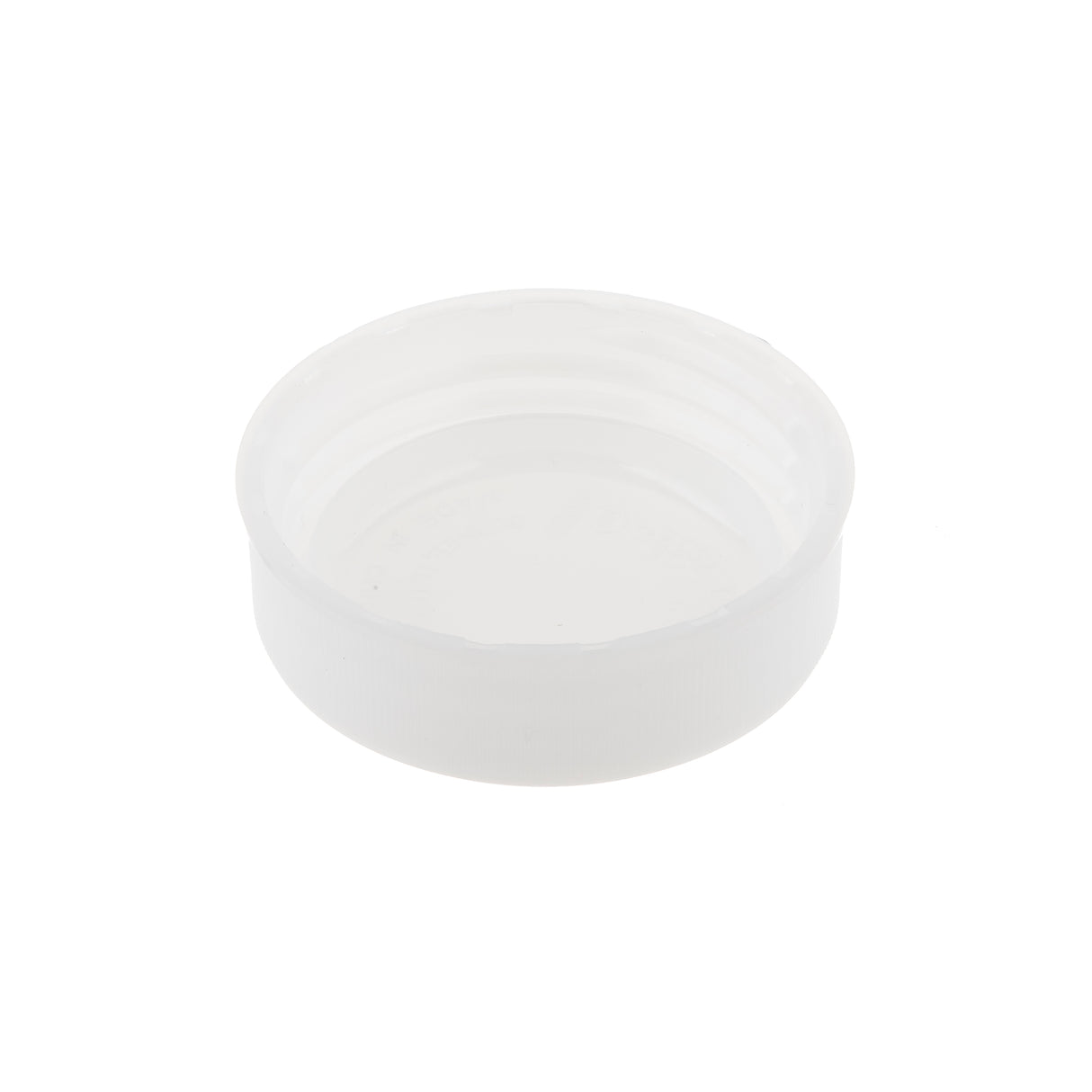 A plain, white, round plastic squeeze bottle cap is shown against a white background. The cap features smooth sides with a subtle ridged texture near the opening, and its interior threading is visible. Lighting highlights its slightly translucent quality.