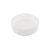 A plain, white, round plastic squeeze bottle cap is shown against a white background. The cap features smooth sides with a subtle ridged texture near the opening, and its interior threading is visible. Lighting highlights its slightly translucent quality.