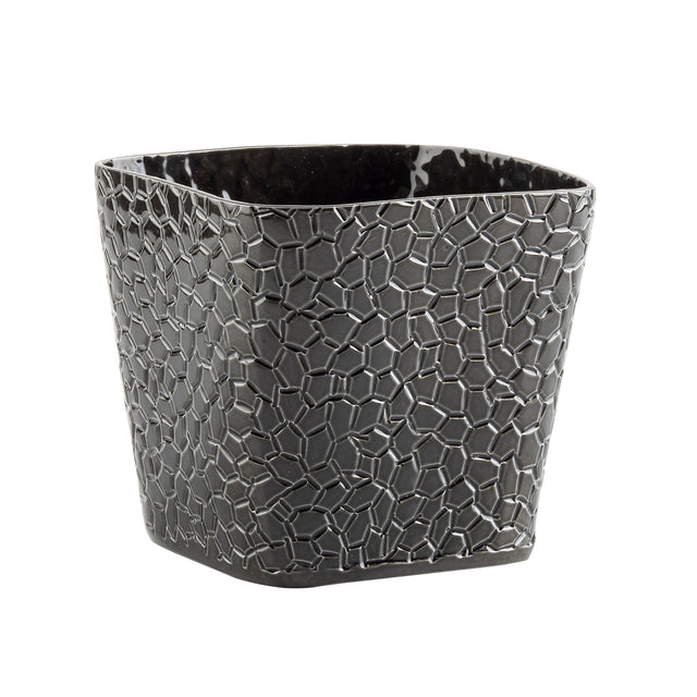 A black, glossy, square-shaped ceramic planter with a slightly flared top features a raised, geometric, pebble-like pattern that creates a textured mosaic effect—reminiscent of a stylish snack basket with its intricate design. The interior is smooth and dark.