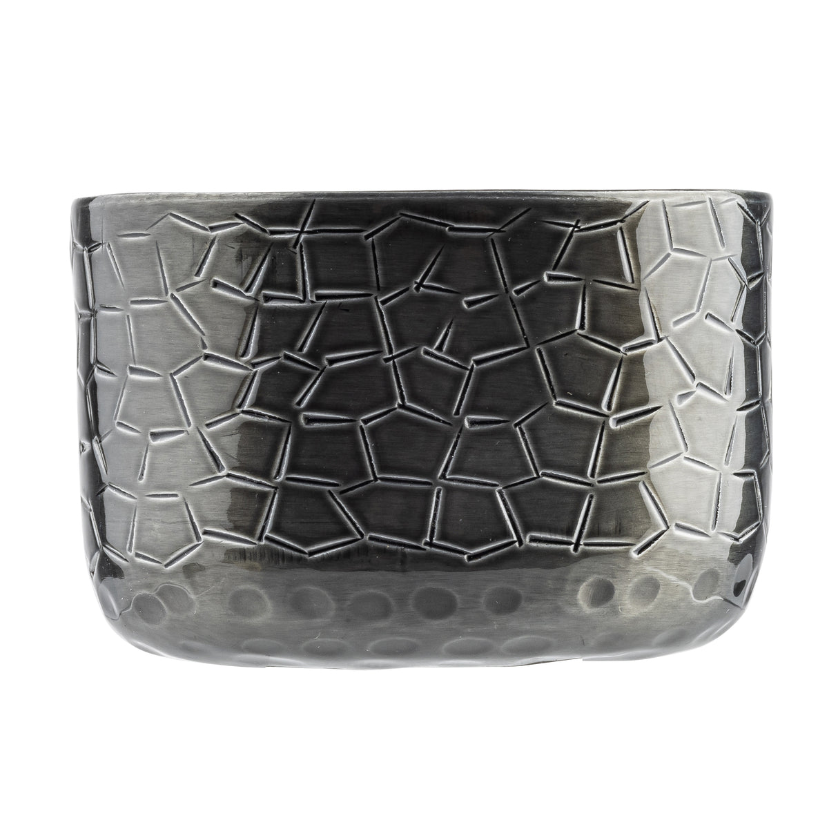 A black powder coated aluminum cup with a matte, dark grey finish features an embossed geometric pattern resembling irregular polygons—ideal as a stylish sugar packet holder. The slightly reflective lower edge is adorned with dotted textures.