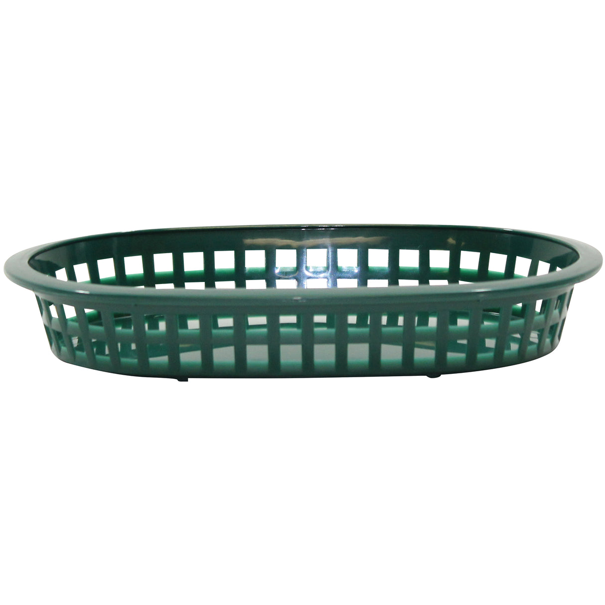 A shallow, oval-shaped green plastic A La Carte Platter Basket with an open lattice design, viewed from the side against a white background. Made in USA, this basket has a smooth rim and is ideal for serving food like fries or sandwiches in casual dining settings.