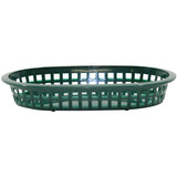 A shallow, oval-shaped green plastic A La Carte Platter Basket with an open lattice design, viewed from the side against a white background. Made in USA, this basket has a smooth rim and is ideal for serving food like fries or sandwiches in casual dining settings.