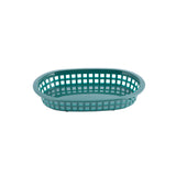 A teal, oval-shaped A La Carte Platter Basket with an open grid pattern on the sides and a solid base. Heat resistant and designed for carrying or holding small items, it features gently sloping sides and is shown on a plain white background.