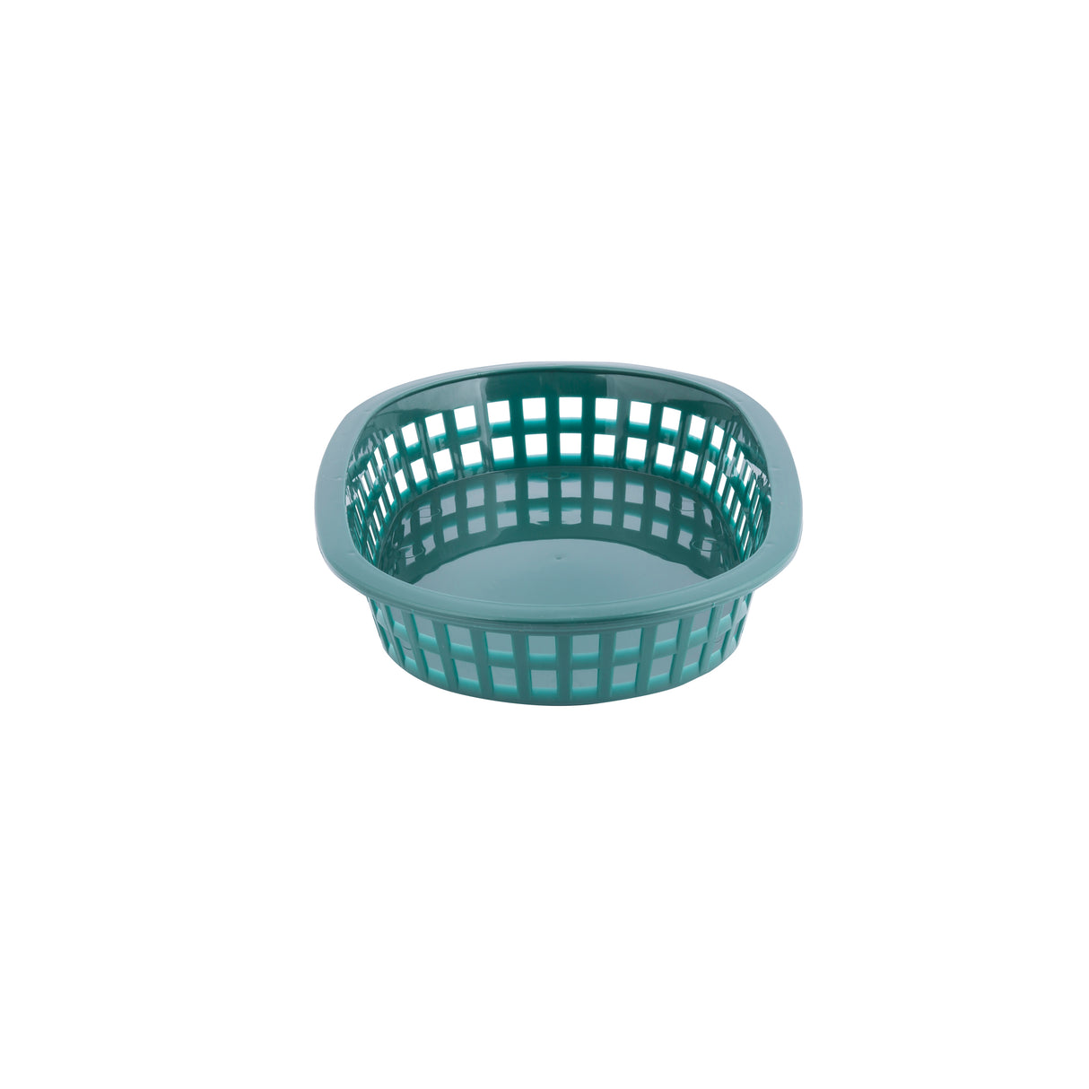 A round, teal plastic A La Carte Platter Basket with a grid-like pattern of square holes on the sides and a solid base, shown on a white background. The basket has a slightly raised rim and is empty. Made in USA.
