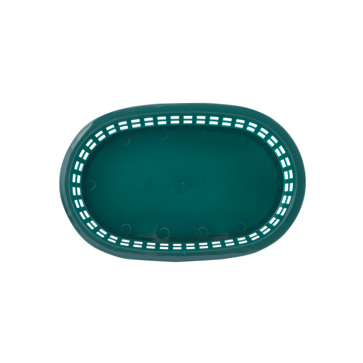 Oval-shaped, teal plastic A La Carte Platter Basket with a solid base and evenly spaced rectangular holes along the rim, viewed from above against a white background. Made in USA, it's empty, clean, heat resistant, and ideal for light storage or serving food.