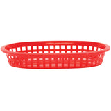A red, oval-shaped A La Carte Platter Basket with an open grid design and solid rim. This heat resistant platter basket is empty and photographed against a white background. Made in USA.