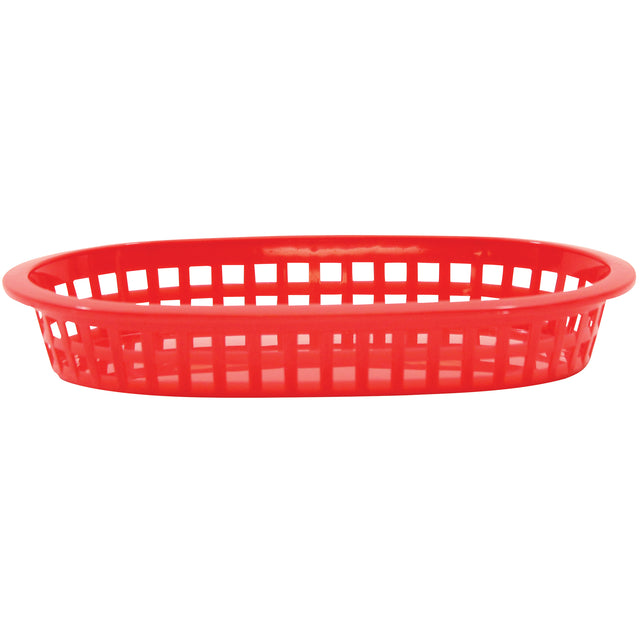 A red, oval-shaped A La Carte Platter Basket with an open grid design and solid rim. This heat resistant platter basket is empty and photographed against a white background. Made in USA.