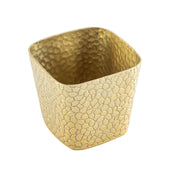 A square-shaped, gold powder coated aluminum snack basket with a hammered texture inside and a geometric, tile-like pattern outside. The edges are slightly rounded, with an open top, shown against a white background.