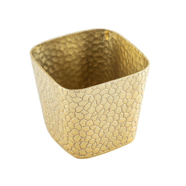 A square-shaped, gold powder coated aluminum snack basket with a hammered texture inside and a geometric, tile-like pattern outside. The edges are slightly rounded, with an open top, shown against a white background.