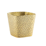 A gold powder coated, square-shaped aluminum container with slightly flared sides, featuring a textured geometric pattern of interlocking shapes. Its shiny, reflective finish makes it an elegant and decorative snack basket.