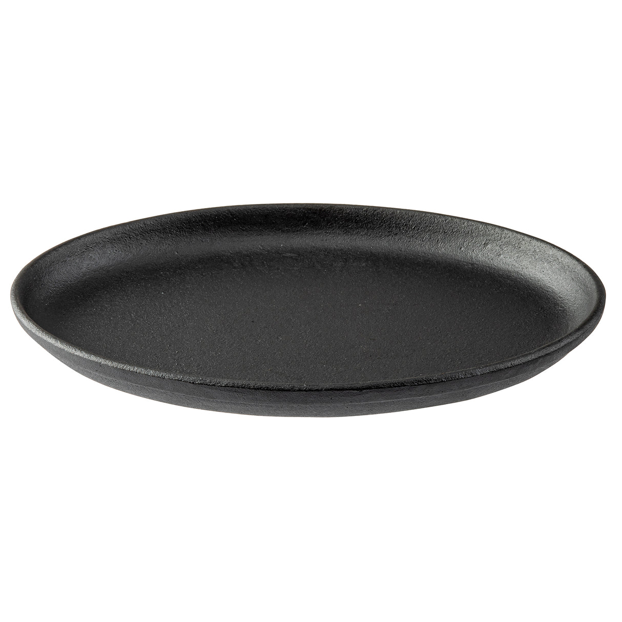 A round, flat, black TableCraft Sizzle Platter with a slightly raised rim, made of matte cast iron, sits empty on a plain white background. Its minimalist, modern design makes it perfect for stylish serving.