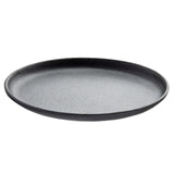 A round, flat, black sizzle platter with a slightly raised edge, made of a matte material that resembles cast iron or stoneware. The TableCraft plate is photographed against a plain white background and is empty.