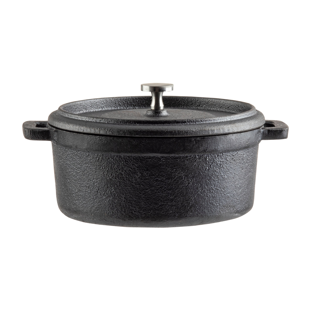 A black cast iron cocotte with a textured finish, short handles on each side, and a matching lid featuring a silver metal knob handle. The TableCraft pot is centered on a white background.