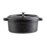 A black cast iron cocotte with a textured finish, short handles on each side, and a matching lid featuring a silver metal knob handle. The TableCraft pot is centered on a white background.