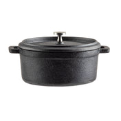 A black cast iron cocotte with a textured finish, short handles on each side, and a matching lid featuring a silver metal knob handle. The TableCraft pot is centered on a white background.