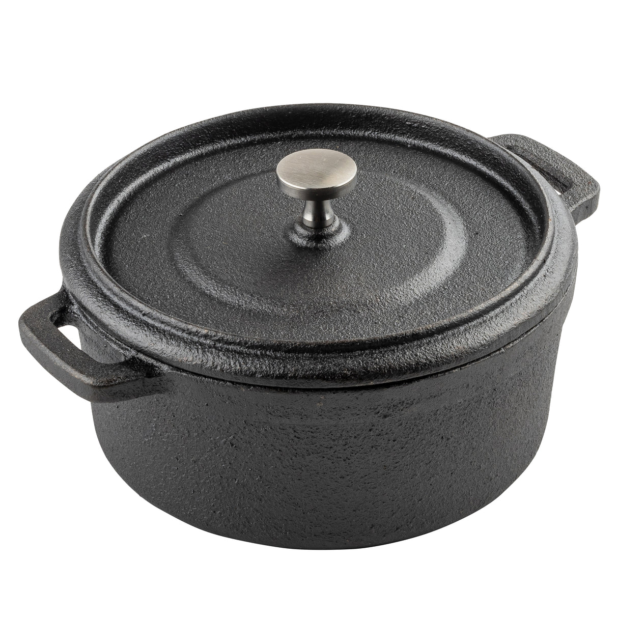 A round, black cast iron Dutch oven, also known as a cocotte, features a textured surface, two side handles, and a fitted lid with a metallic knob. Sturdy and heavy, the pot is ideal for cooking and sits against a white background.