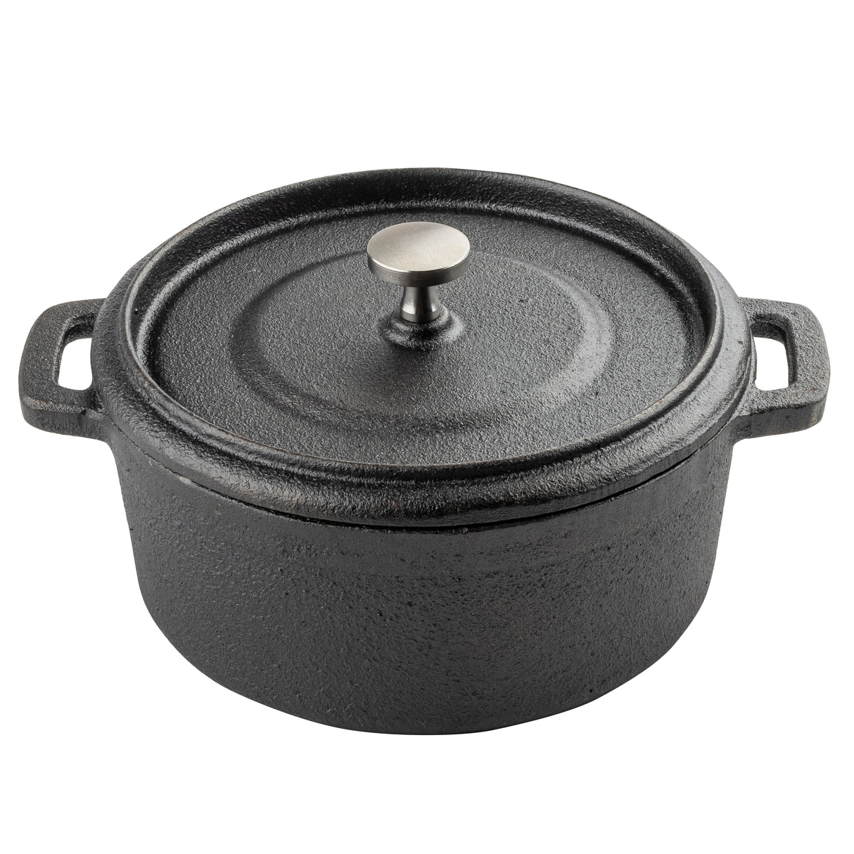 A black cast iron Dutch oven cocotte with a matching lid, round metal knob, and two sturdy handles. The pot features a textured, matte finish and sits on a white background.