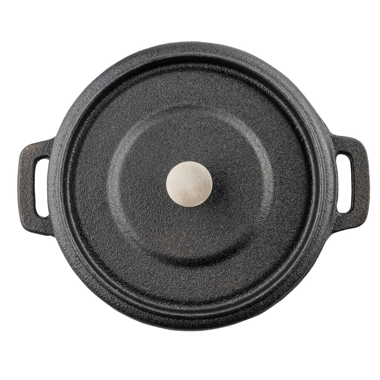 A black cast iron Dutch oven cocotte with a textured lid, round silver knob, and two side handles is shown from above against a white background.