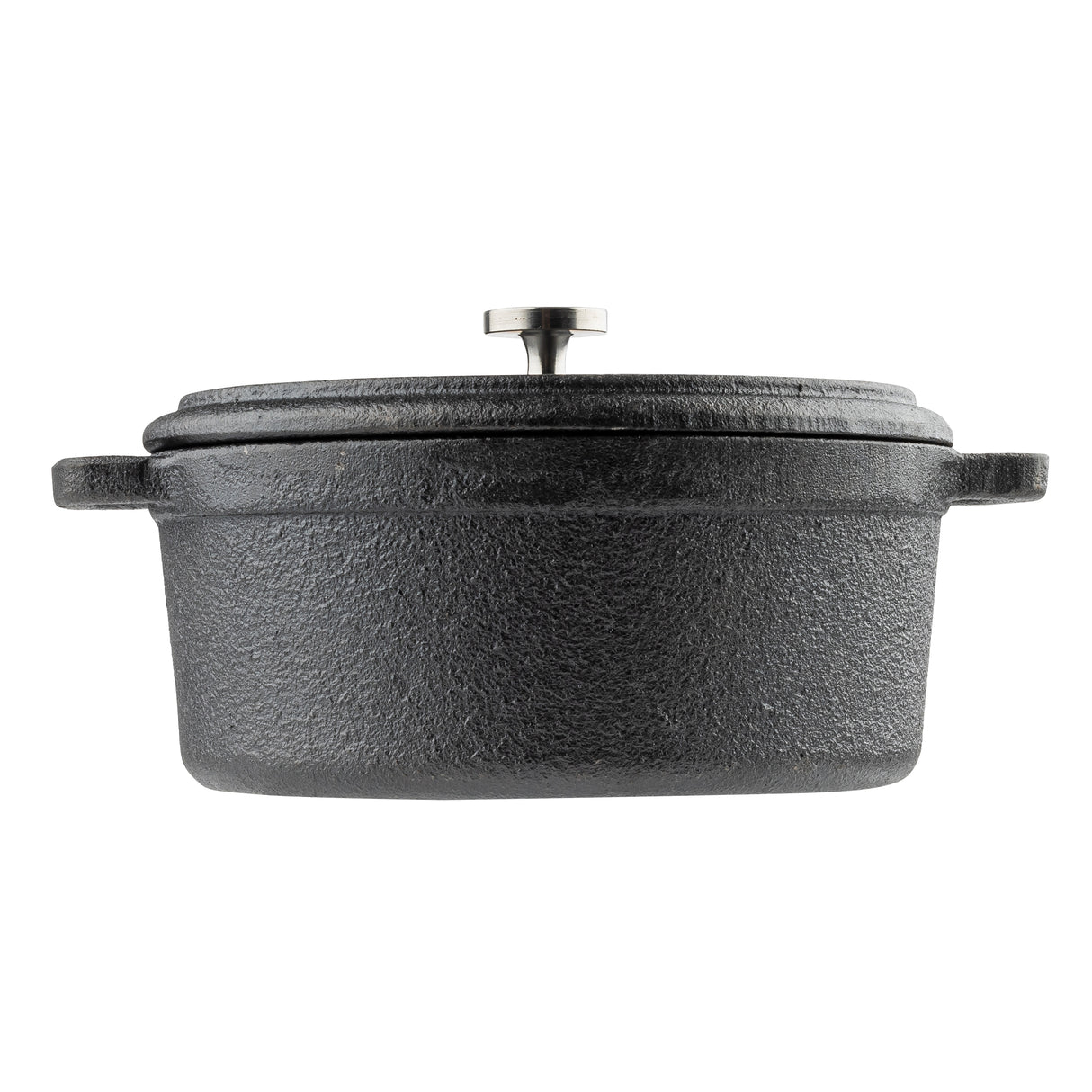 A black, oval-shaped cast iron cocotte with a textured surface, two side handles, and a fitted lid featuring a round metal knob. The photo is taken from the side on a white background.