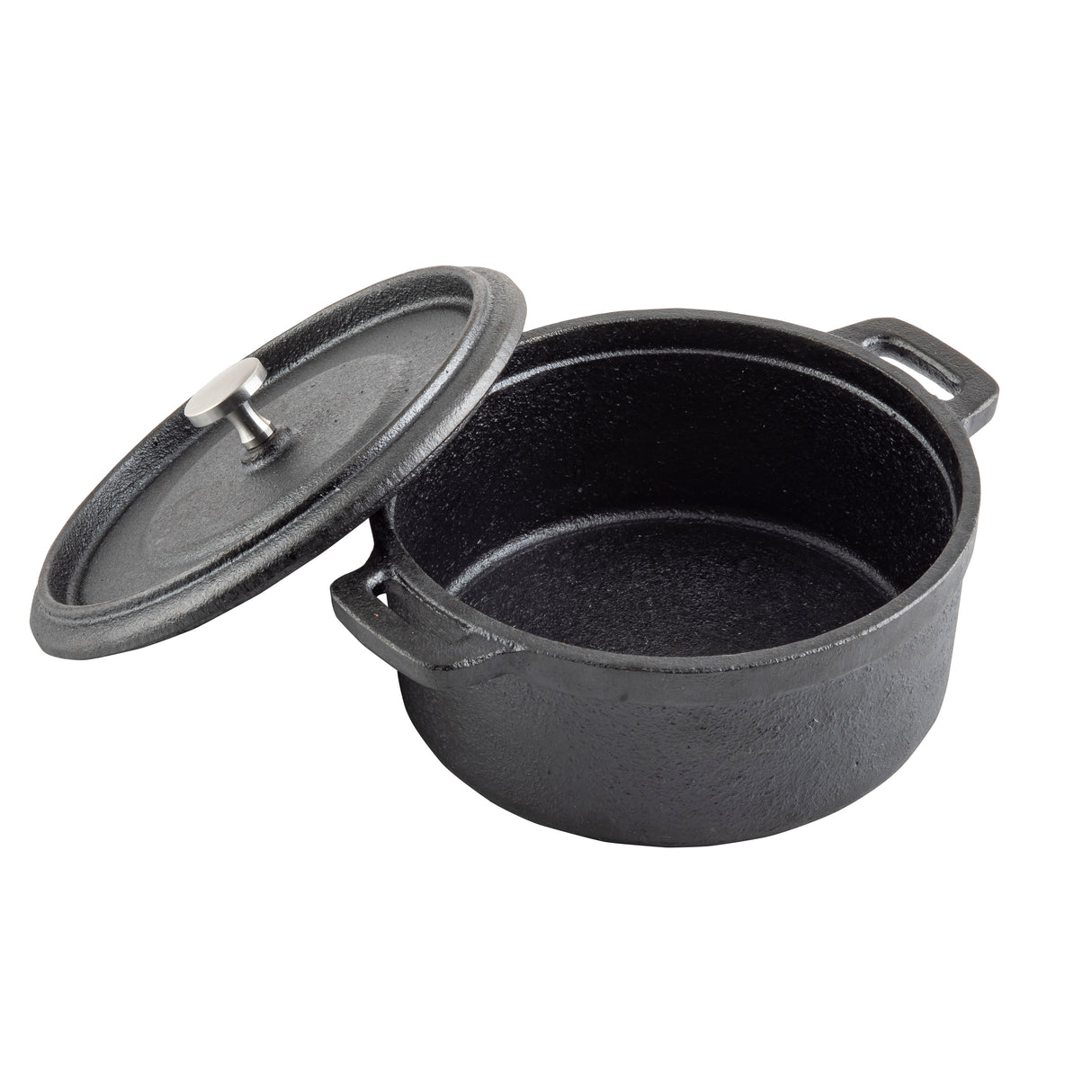 A black TableCraft cast iron Dutch oven with a textured surface is shown with its lid partially removed. The pot has two side handles and a metal knob on the lid. The Dutch oven rests on a white background.