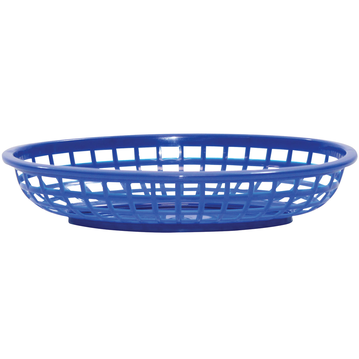A blue oval Classic Basket with an open grid design and slightly raised rim, shown empty against a white background. This lightweight basket is typically used for serving food like fries or bread in casual dining settings and is microwave safe.
