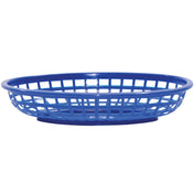 A blue oval Classic Basket with an open grid design and slightly raised rim, shown empty against a white background. This lightweight basket is typically used for serving food like fries or bread in casual dining settings and is microwave safe.