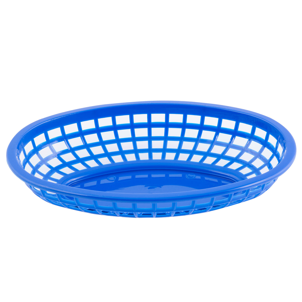 A blue, oval-shaped Classic Basket with a grid-like open weave design and solid base sits on a white background. Microwave safe, its smooth rim and gently curving sides make it perfect for everyday use. The basket is empty.