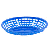 A blue, oval-shaped Classic Basket with a grid-like open weave design and solid base sits on a white background. Microwave safe, its smooth rim and gently curving sides make it perfect for everyday use. The basket is empty.