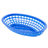 A blue, oval-shaped Classic Basket with a grid-like open design and solid base, shown on a white background. The microwave safe basket is empty and positioned at a slight angle, revealing its interior and structure.