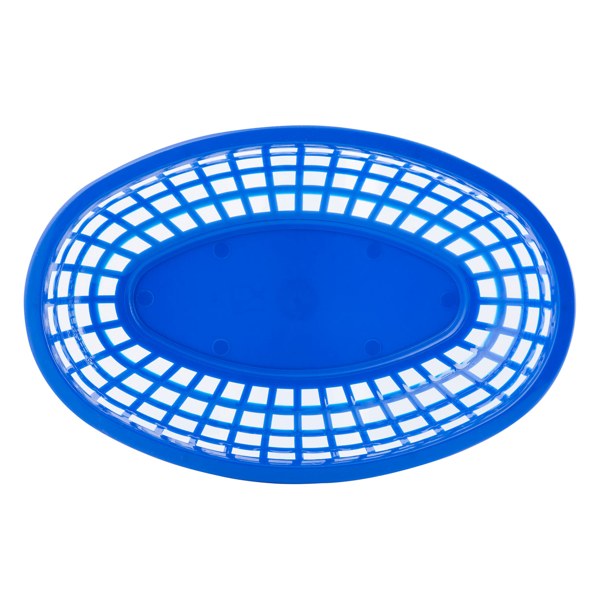 A blue, oval-shaped Classic Basket with an open grid design is shown from above. The solid rim contrasts with the crisscross pattern of rectangular openings. This heat resistant basket’s interior is empty and the background is white.