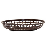 A dark brown, oval-shaped Classic Basket with an open grid design and a solid base, Made in USA. The basket’s sides have evenly spaced vertical and horizontal slats for ventilation, set against a plain white background.