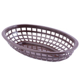 A brown, oval-shaped Classic Basket with an open grid design along the sides and base, shown on a white background. Lightweight and heat resistant, it's typically used for serving food like bread or fries. Made in USA.
