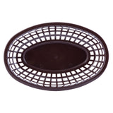 An overhead view of an empty, oval-shaped Classic Basket with a grid-like, open weave design. The heat resistant, dark brown plastic basket rests on a white background. Its solid bottom contrasts with sides featuring evenly spaced rectangular holes.