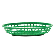 A green plastic oval Classic Basket with an open grid design and a solid rim and base, shown empty against a white background. Lightweight and heat resistant, it's ideal for holding small items or serving food. Made in USA.