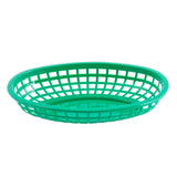 A green, oval-shaped Classic Basket with a grid-like open pattern on the sides and a solid base, made in USA, shown on a white background.