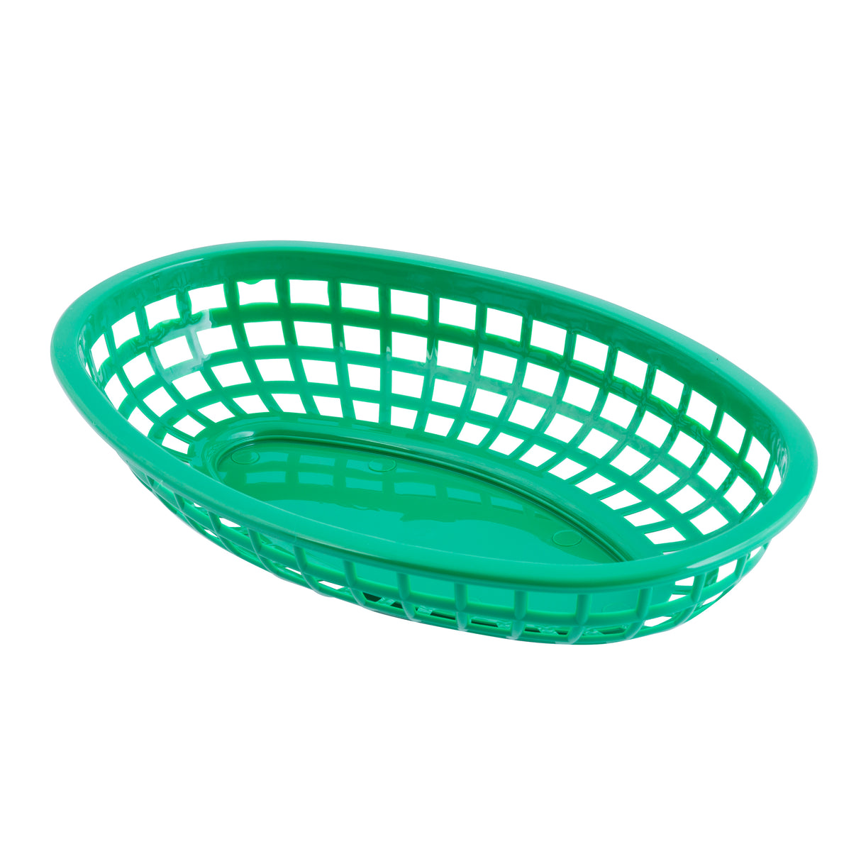 A green, oval-shaped Classic Basket with an open lattice design. Made in USA, it features a solid bottom and slotted sides for visibility and air flow. The heat resistant basket is empty and set against a white background.