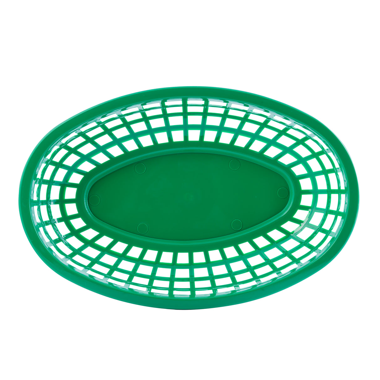 A Classic Basket, made in USA, this empty green oval-shaped plastic basket features an open grid pattern and solid base, shown from above against a white background.