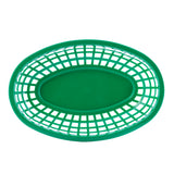 A Classic Basket, made in USA, this empty green oval-shaped plastic basket features an open grid pattern and solid base, shown from above against a white background.