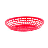 A red, oval-shaped Classic Basket with a lattice design and open grid sides is photographed on a plain white background. Made in USA, the basket’s smooth rim and perforated pattern are clearly visible.