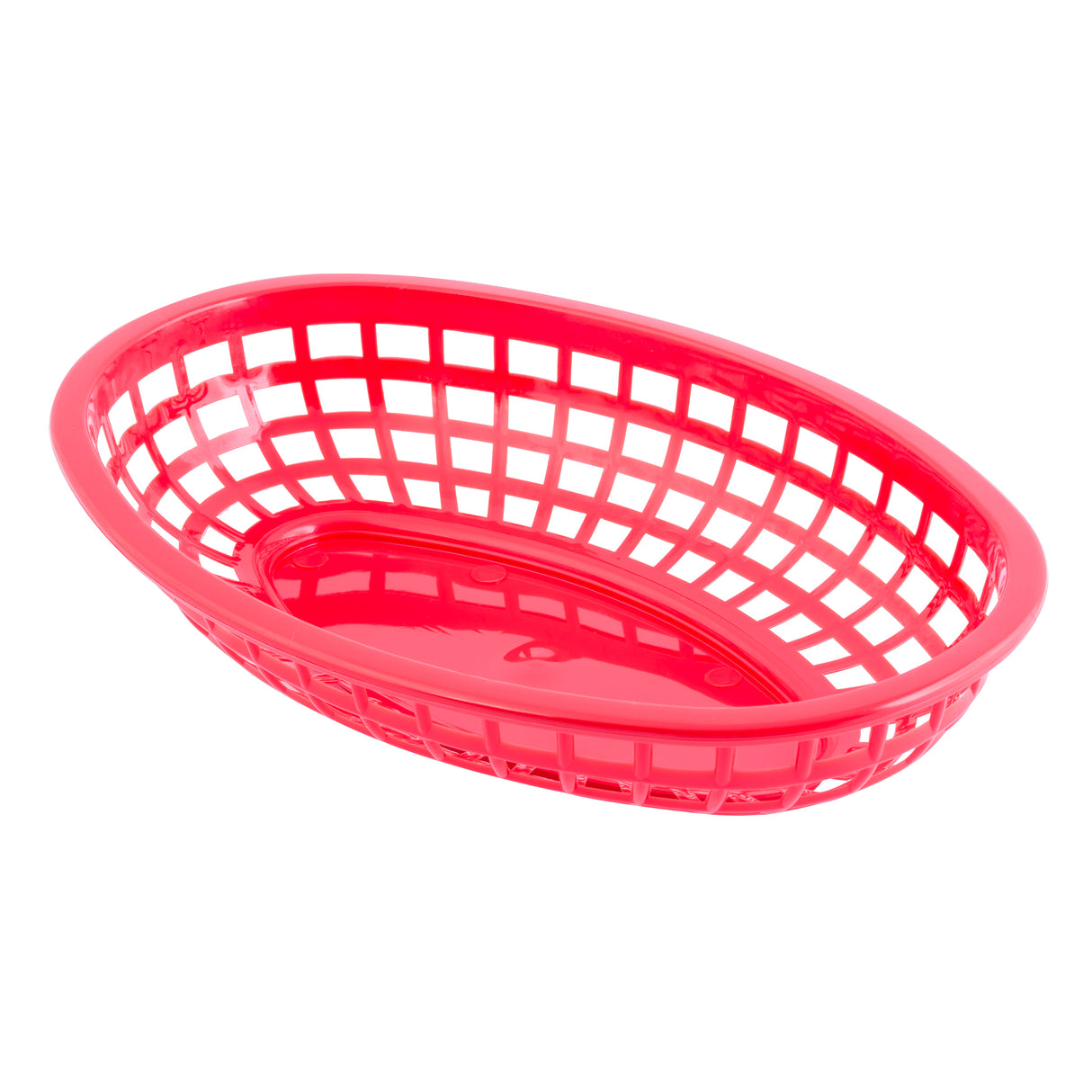 A bright red, oval-shaped Classic Basket with an open grid design and solid base, photographed against a white background. Made in USA, this basket is empty and typically used for serving food like fries or sandwiches.