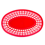 A bright red, oval-shaped Classic Basket with an open lattice design and solid base, viewed from above against a white background. Heat resistant and made in the USA, this plastic basket is empty and has a smooth, glossy finish.