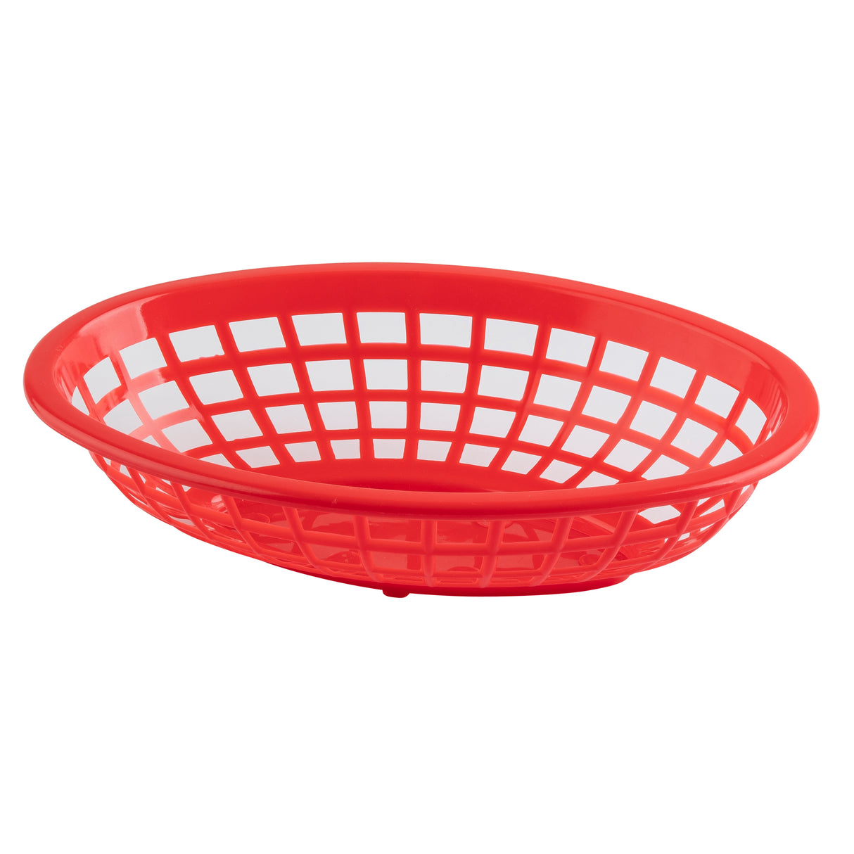 A red, oval-shaped Classic Basket with an open grid design, made in USA. Its plastic construction allows visibility through the sides and bottom. The basket is empty and shown on a white background.