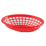 A red, oval-shaped Classic Basket with an open grid design, made in USA. Its plastic construction allows visibility through the sides and bottom. The basket is empty and shown on a white background.