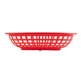 A wide, shallow, red Classic Basket with a grid pattern of square holes. The photo shows the heat resistant basket from a side view against a plain white background. It features a flat base and slightly curved rim.