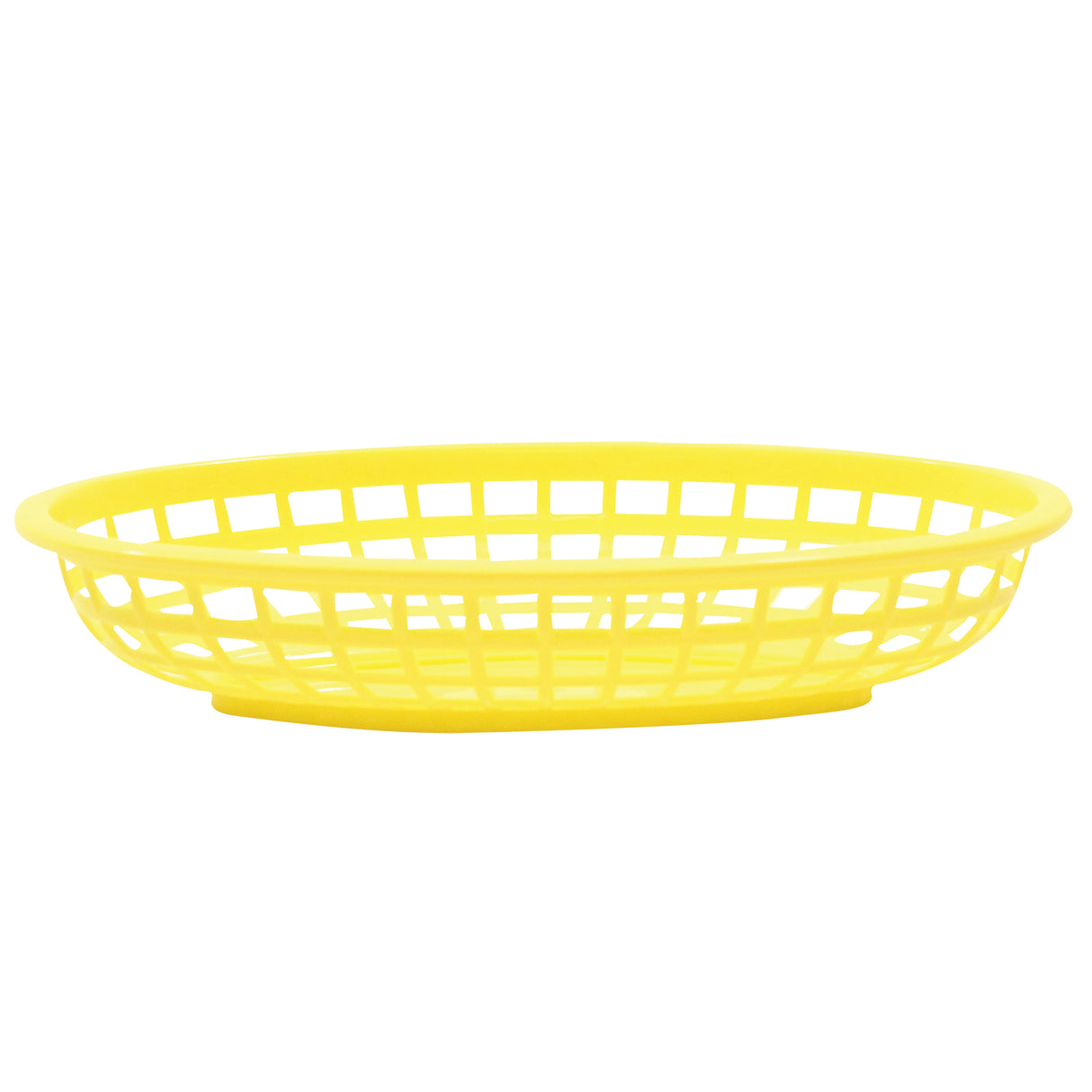 A bright yellow, oval-shaped Classic Basket with an open grid design and a solid base. Heat resistant and Made in USA, the basket is empty and placed against a plain white background.