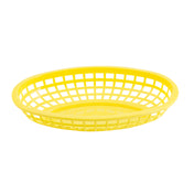A bright yellow, oval-shaped Classic Basket with a grid-like open weave design, shown empty against a plain white background. The basket tapers slightly at the base and has a smooth, rounded rim. Made in USA.