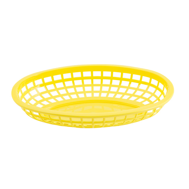 A bright yellow, oval-shaped Classic Basket with a grid-like open weave design, shown empty against a plain white background. The basket tapers slightly at the base and has a smooth, rounded rim. Made in USA.