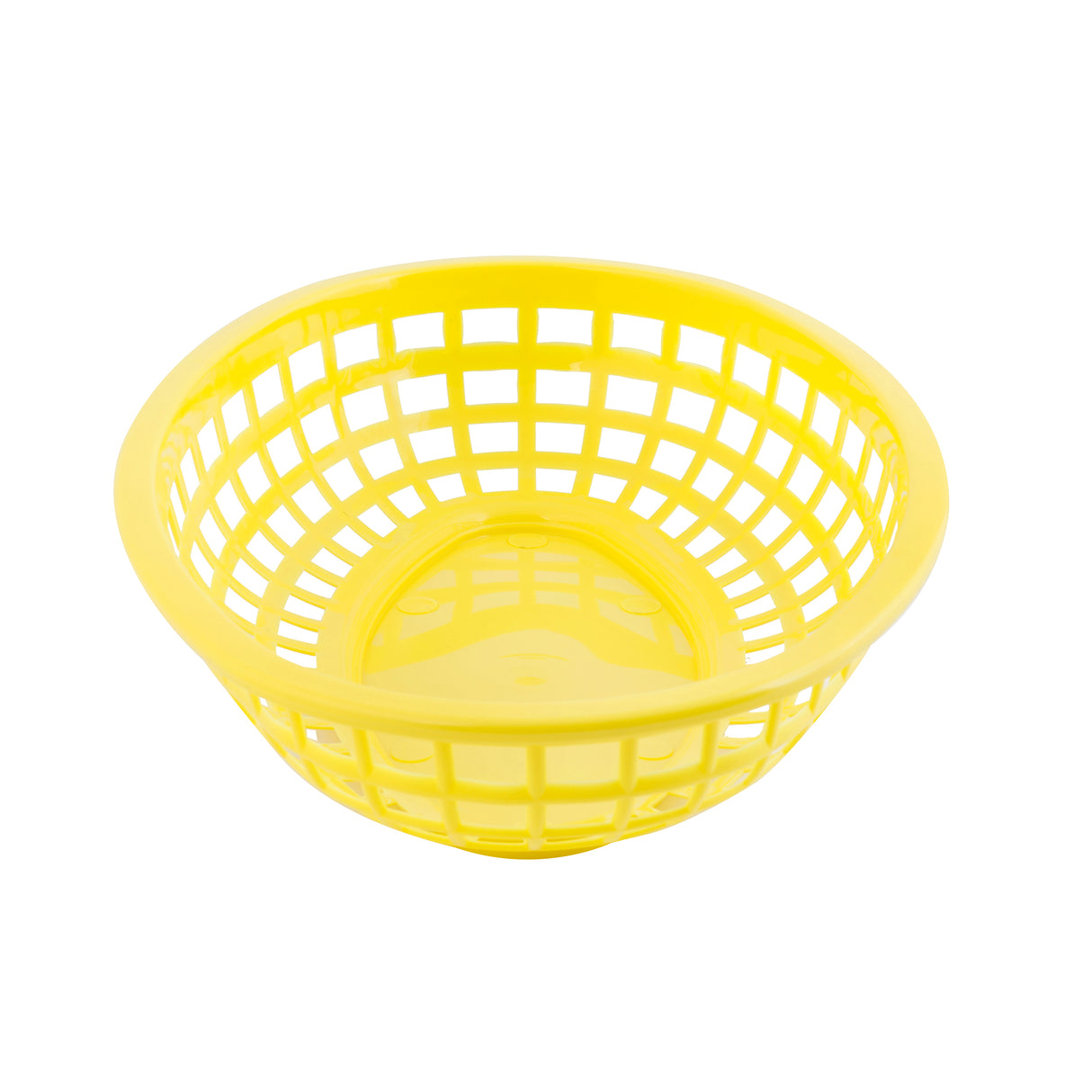 A classic basket, this round, yellow, plastic piece features a grid-like, open-weave design and is made in the USA. Shallow with a solid base and evenly spaced rectangular openings, it sits brightly on a white background.