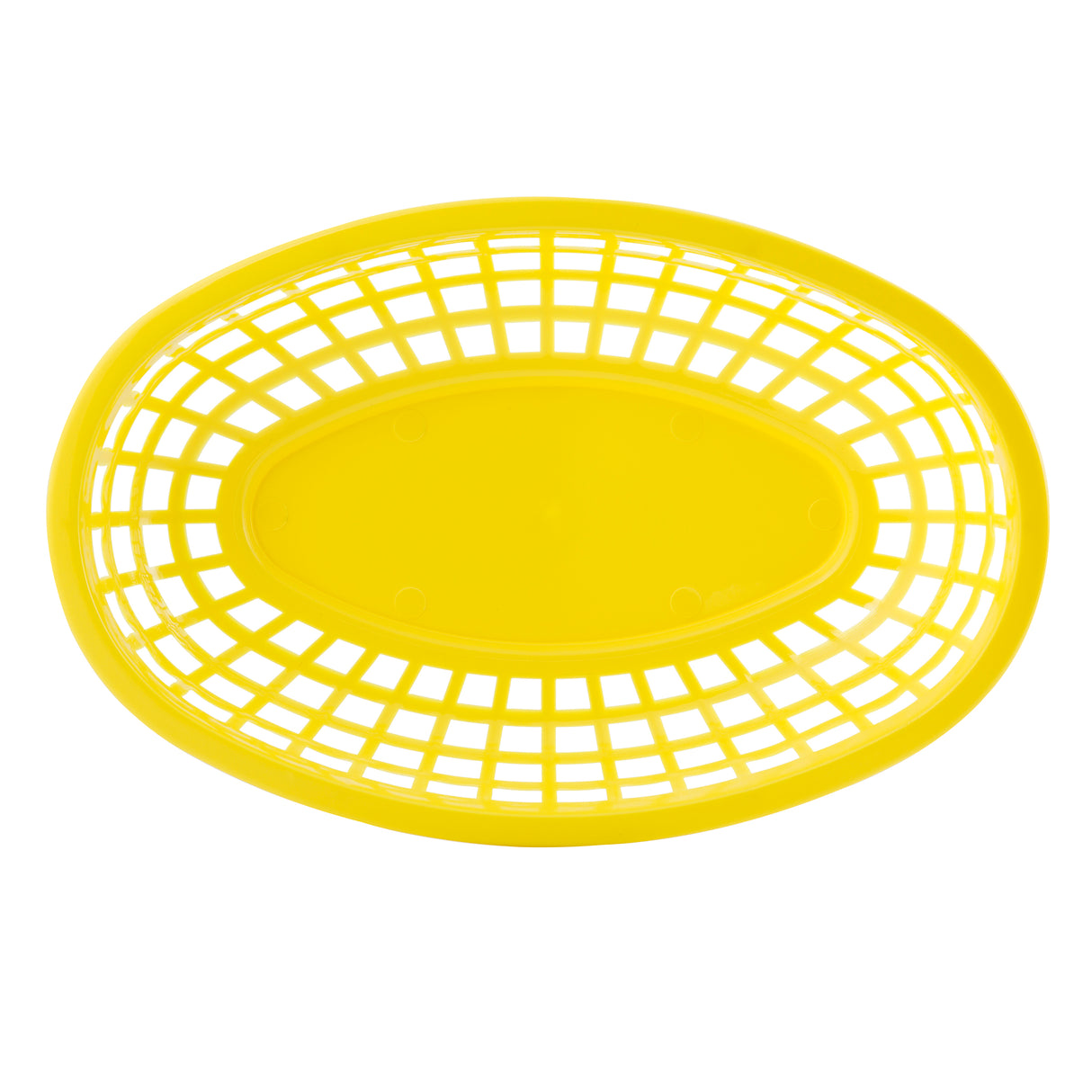 A bright yellow, oval-shaped Classic Basket with a solid center and open grid sides. Photographed from above against a white background, it features a perforated design, smooth glossy finish, and is heat resistant for versatile use.