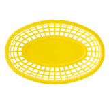 A bright yellow, oval-shaped Classic Basket with a solid center and open grid sides. Photographed from above against a white background, it features a perforated design, smooth glossy finish, and is heat resistant for versatile use.